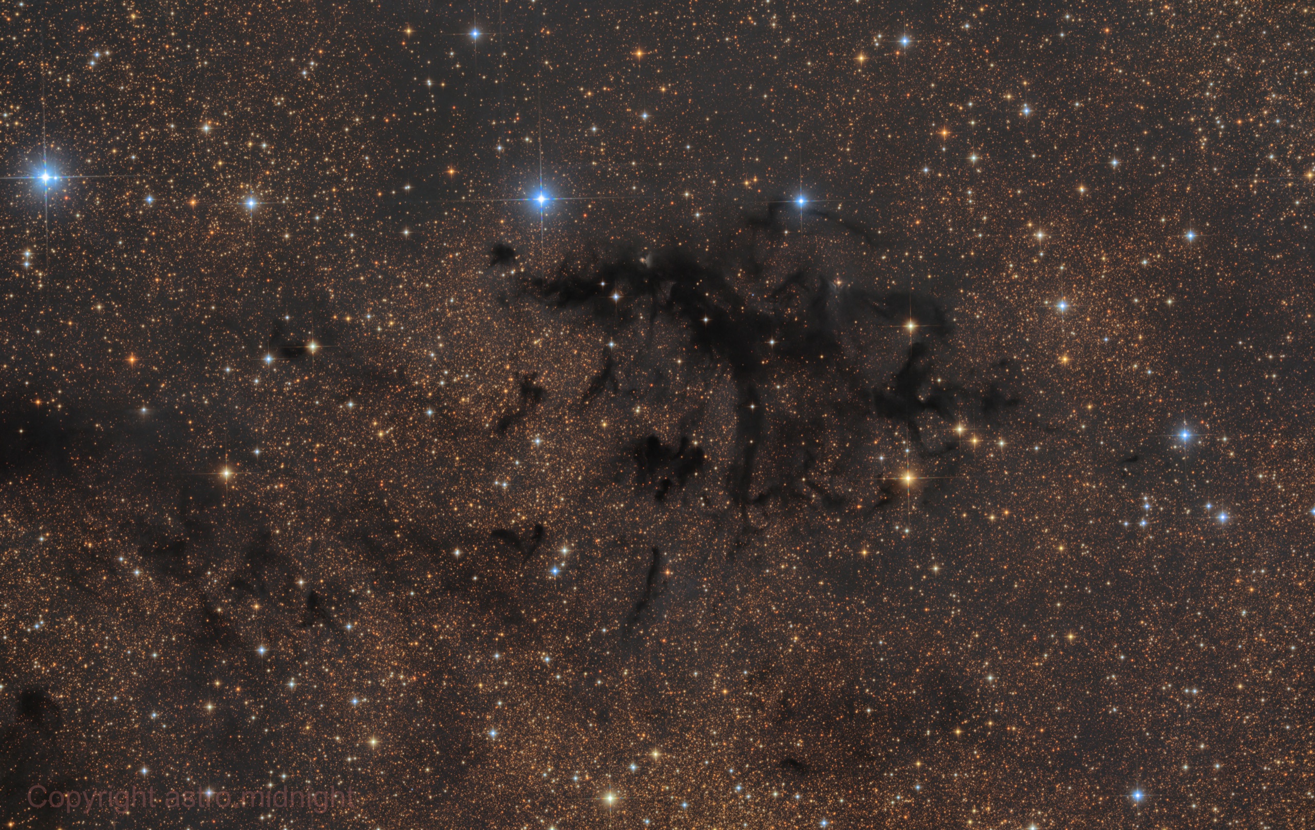 A nebulosa escura LDN 673 num mar de estrelas douradas